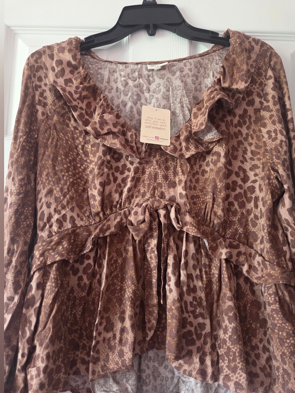 Self Esteem Brown Leopard Ruffle Blouse Size XL ( Juniors ) NWT - Picture 2 of 4